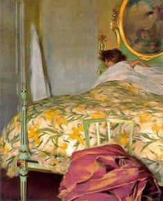 a painting of a woman laying on a bed in a room with yellow and green decor