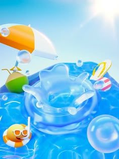 an image of bubbles floating in the air and on top of a blue pool float