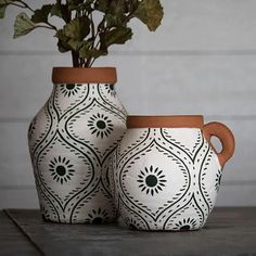 two white and brown vases with plants in them