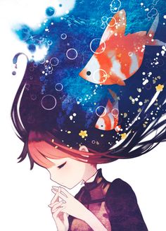 a girl with her hair blowing in the wind and an orange fish above her head