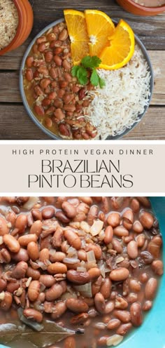 an image of beans and rice in a bowl with orange slices on the side, next to another photo