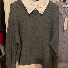 I Love This, But It Was Just Too Big. Gray Sweater Shirt. Super Cute. Grey Sweater Women, Sweater With Collared Shirt Women, Trendy Cotton Cable Knit Tops, Trendy Cable Knit Cotton Tops, Casual Cable Knit Tops For Work, Collared Shirt And Sweater Outfit, Sweater With Collared Shirt, Sweaters With Collared Shirts, Collared Shirt And Sweater