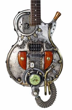 a guitar made out of metal and wood with a clock on the back of it