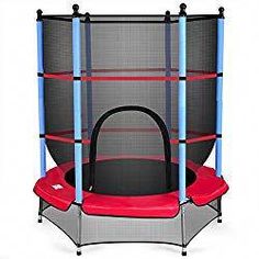 a red and gray trampoline with blue poles