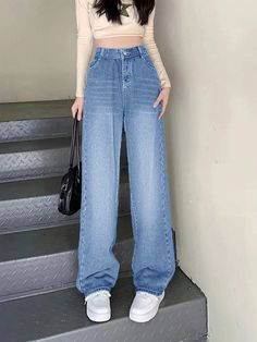 Blue Casual Collar  Denim Plain Straight Leg Embellished Non-Stretch  Women Clothing Go Beyond Plus Ultra, High Waisted Boyfriend Jeans, Jeans With Pockets, Into Fashion, Straight Fit Jeans, Plus Ultra, Solid Clothes, Women Denim Jeans