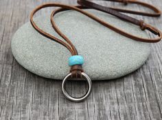 Leather Circle Necklace With Howlite Bead, Turquoise Color Howilite, Adjustable Leather Surfer Circle Necklace, Gunmetal O Ring Pendant - Etsy Leather Necklace For Men, Mens Leather Necklace, Howlite Stone, Ring Pendant, Necklace For Men, Circle Necklace, Ring Ideas, Postal Service, Leather Necklace