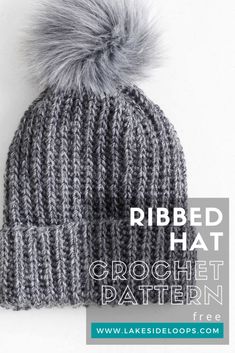 a knitted hat with a pom - pom on top and text that reads ribbed hat crochet pattern free