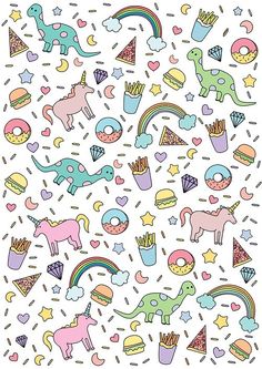 colorful unicorns, stars and other items on a white background with rainbows in the sky