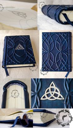 several pictures of the inside of a blue leather book, including an open page and two pages