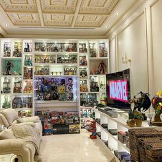 a living room filled with lots of furniture and shelves full of toys on top of them