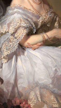 a painting of a woman in a white dress with pearls on her neck and arm