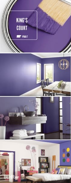 purple and white paint colors in the living room, dining room, bedroom and bathroom