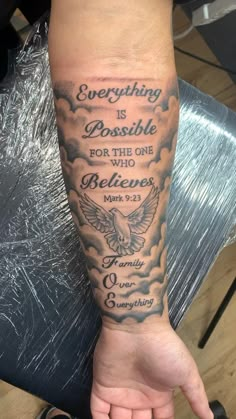 a person with a tattoo on their arm that says everything is possible for the one who believe