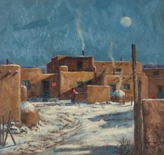 a painting of an adobe town in the snow