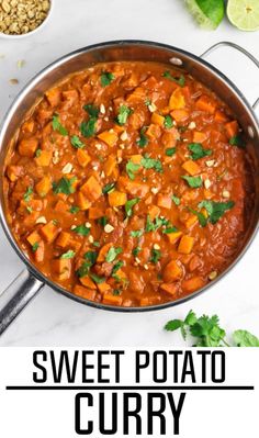 sweet potato curry in a pan with cilantro on the side