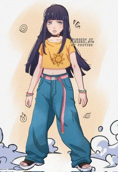 an anime character with long black hair wearing blue pants and a yellow t - shirt