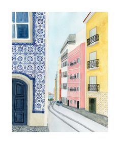 watercolor painting of colorful buildings on the side of a road with blue doors and windows