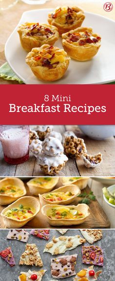 several different types of desserts and pastries on plates with text overlay that reads 8 mini breakfast recipes