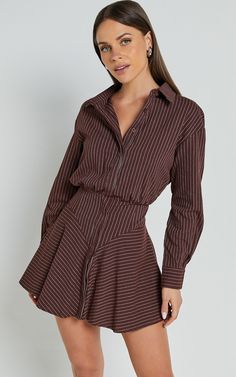 Whitney Mini Dress - Linen Look Long Sleeve Shirt Dress in Chocolate Pinstripe Work Dress Women Office, Long Sleeve Matching Set, Fall Shirt Dress, Long Sleeve Christmas Party Dress, Collard Dress Outfits, Fall 2024 Dresses, Winter Short Dress Outfit, Cold Weather Going Out Outfits, Jcrew Style Inspiration