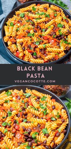 black bean pasta in a skillet on top of a table