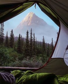 the view from inside a tent looking out at trees and mountains