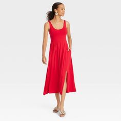 Spring Longline Midi Dress For Date Night, Knee-length Midi Dress With Side Slits, Solid Knee-length Midi Dress With Side Slits, Casual Stretch Midi Dress Longline, Casual Stretch Longline Dresses, Casual Longline Stretch Dresses, Stretch Sundress In Midi Length, Spring Longline Stretch Midi Dress, Stretch Midi Length Sundress