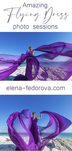 a woman in purple dress on the beach with her arms spread out, and text overlay