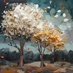 an abstract painting of two trees with leaves on them