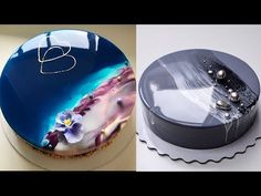 two cakes with designs on them, one is blue and the other is white