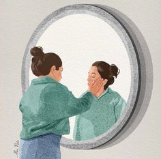 a woman looking at herself in the mirror with her hand on her face and another person touching her cheek