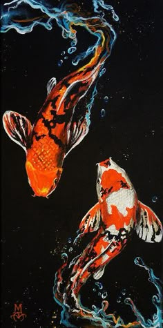 two orange and white koi fish swimming in blue water with bubbles on black background