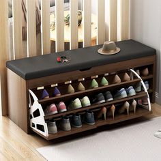 a shoe rack with many pairs of shoes on it