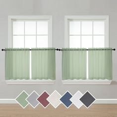 two windows with green curtains in front of them and the same color scheme for each window