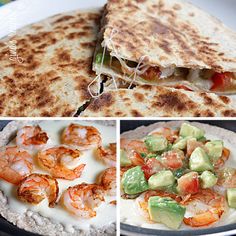 four different views of food including quesadilla, shrimp and avocado