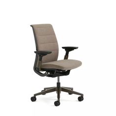 an office chair with wheels on the back and seat upholstered in beige fabric