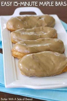 three glazed donuts on a white plate with text overlay that says easy 15 - minute maple bars