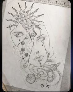 a pencil drawing of two faces with planets and sun in the sky behind them on paper