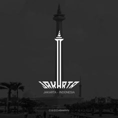 the logo for jakrara - indonesia in front of a tall tower with people walking around