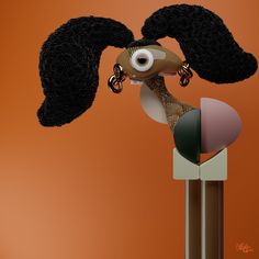 an animal with big eyes and long black hair on top of a pole in front of an orange background