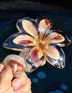 a person is holding a glass flower in their hand and it looks like something out of the water