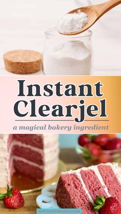 the cover of instant clear jel is shown with strawberries and cake