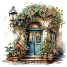 a painting of a blue door surrounded by potted plants and flowers, with a lamp post in the background