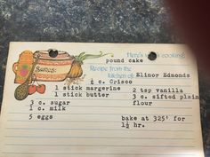 a recipe card with instructions on how to make a cake