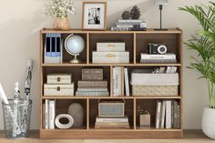 a bookshelf filled with lots of books next to a potted plant