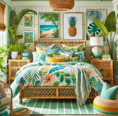 a bedroom with tropical decor and pictures on the wall above the bed, along with wicker furniture