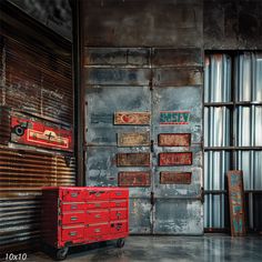 a red toolbox sitting in front of a metal wall with several signs on it