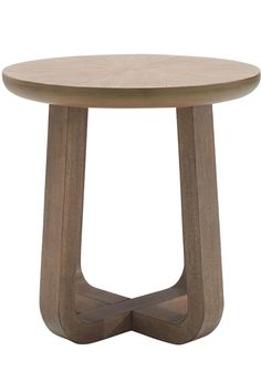 a round wooden table with an unusual design on the top and bottom, against a white background