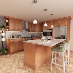 a large kitchen with wooden floors and white counter tops on top of it's island