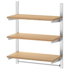 three wooden shelves with metal brackets on each side and one shelf above the other,