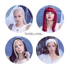 four girls with red hair wearing headbands and one has long white hair, the other is pink